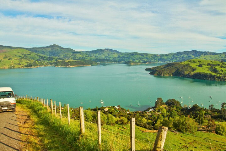 Scenic drive and photo stop just above Akaroa after a minute drive